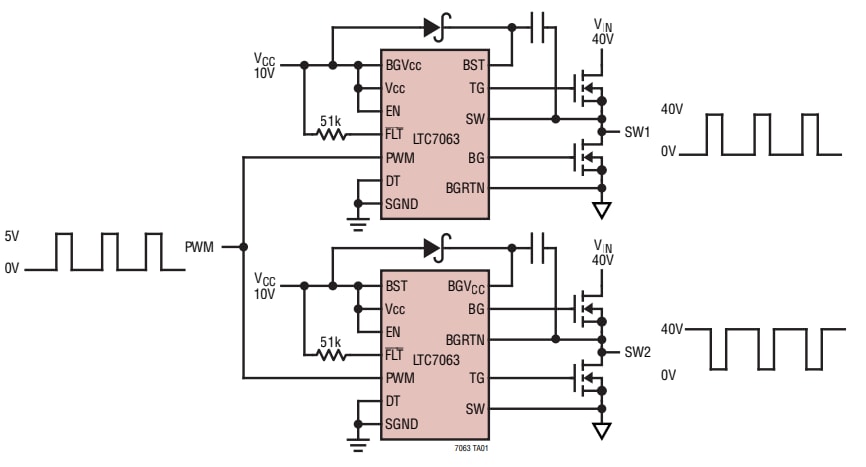 Schéma du circuit d'application - Analog Devices Inc. Pilotes demi-pont LTC7063